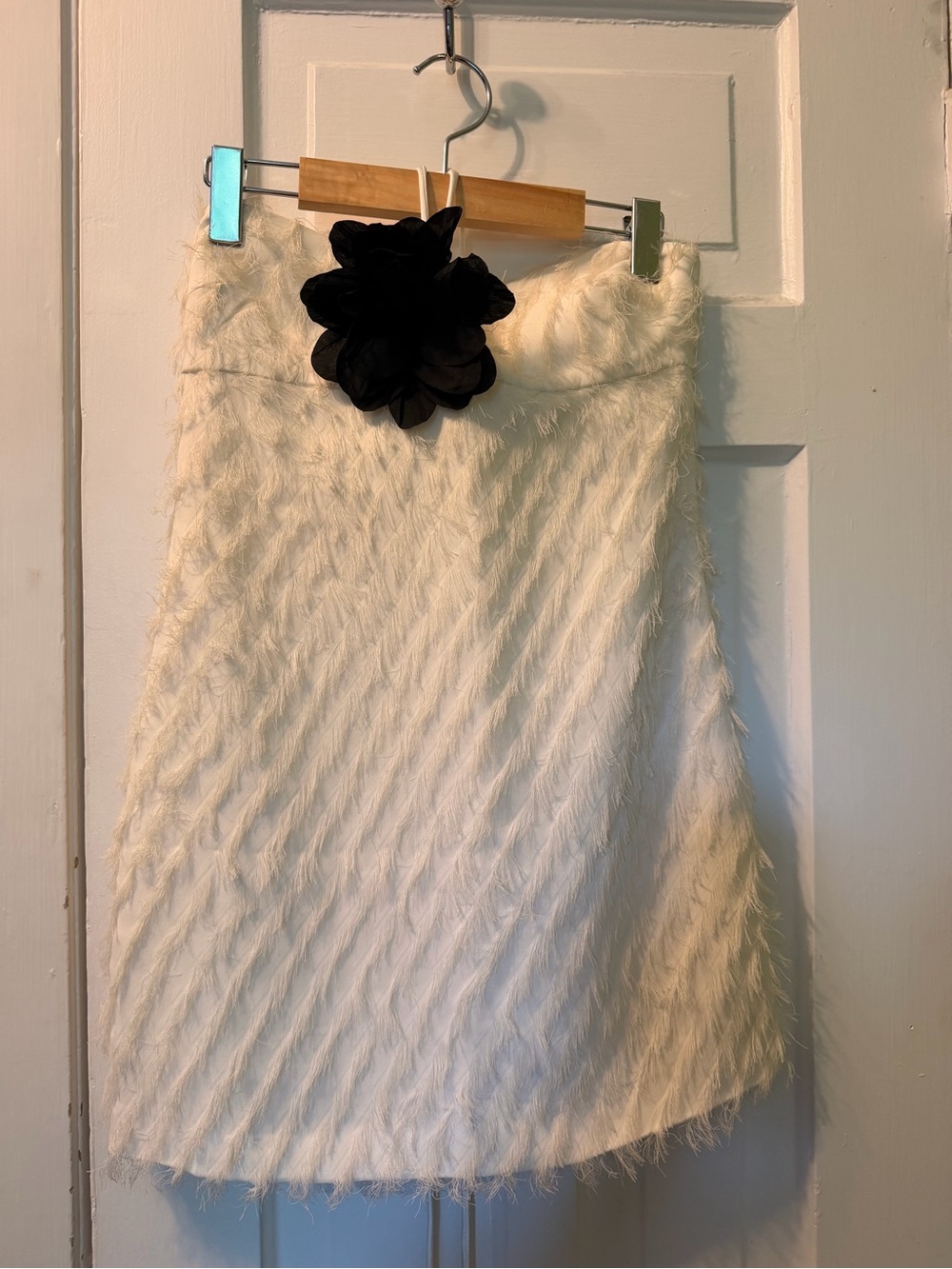 Zara Creamy White Faux-Fur fringe Strapless mini Dress with Black Flower Small